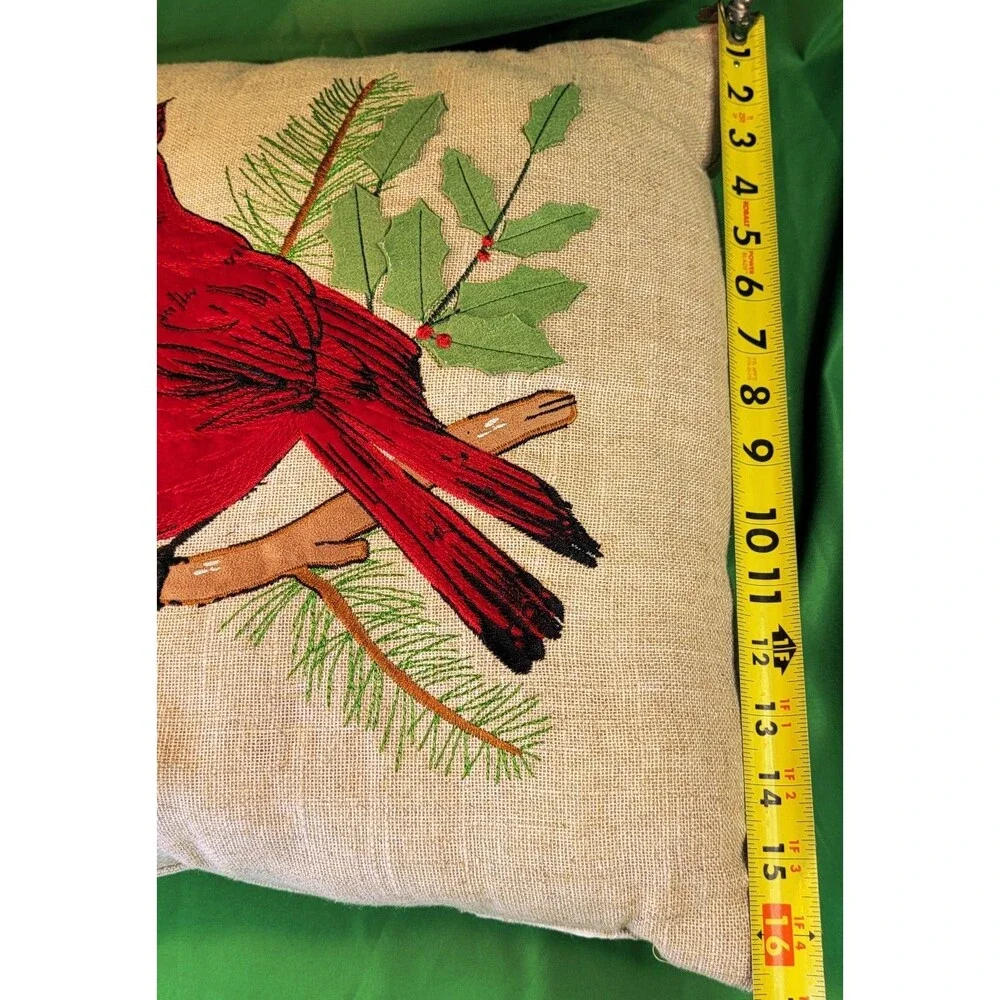 St Nicolas Square Red Cardinal Decorative Embroidered Applique Pillow Burlap 16